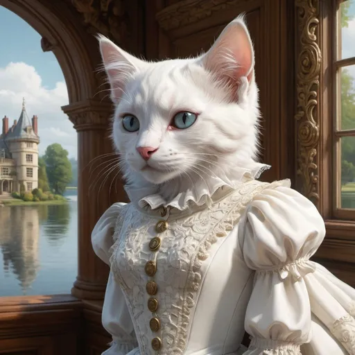 Prompt: 1 white kitten dressed gentry dress, 1800, traveling England, lake, mansion, vibrant, grim, romantic, hystorical, intricate details, hyperdetailed, 4k, painting, trending on artstation