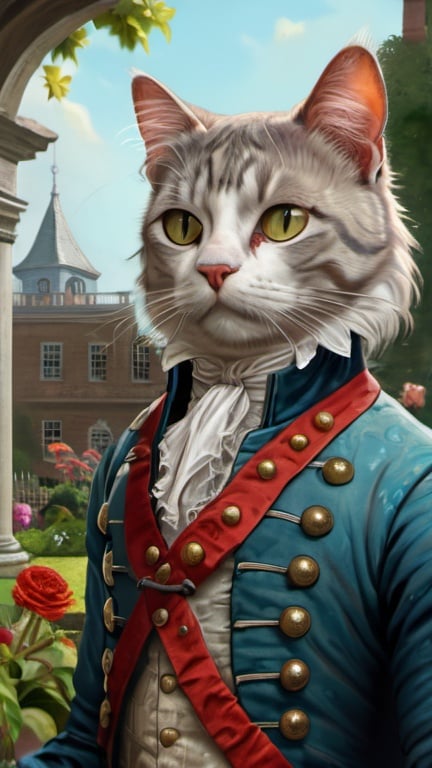 Prompt: cat dresssed  gentry, garden, 1780, traveling England, vibrant, grim, romantic, hystorical, intricate details, hyperdetailed, 4k, painting, trending on artstation