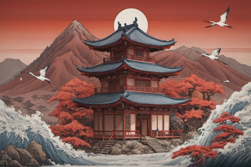 Prompt: Hohokusai, cranes, red mountains, hut, hyperdetailed, 8k, painting, trending on artstation