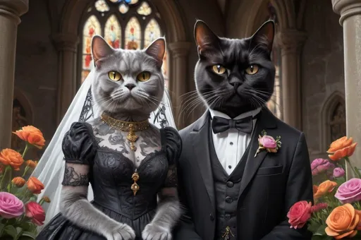 Prompt: wedding of grey persian female cat and black male cat dressed gothic, 1800, traveling England, church, mansion, garden, flowers vibrant, grim, glow, romantic, hystorical, intricate details, hyperdetailed, 4k, painting, trending on artstation