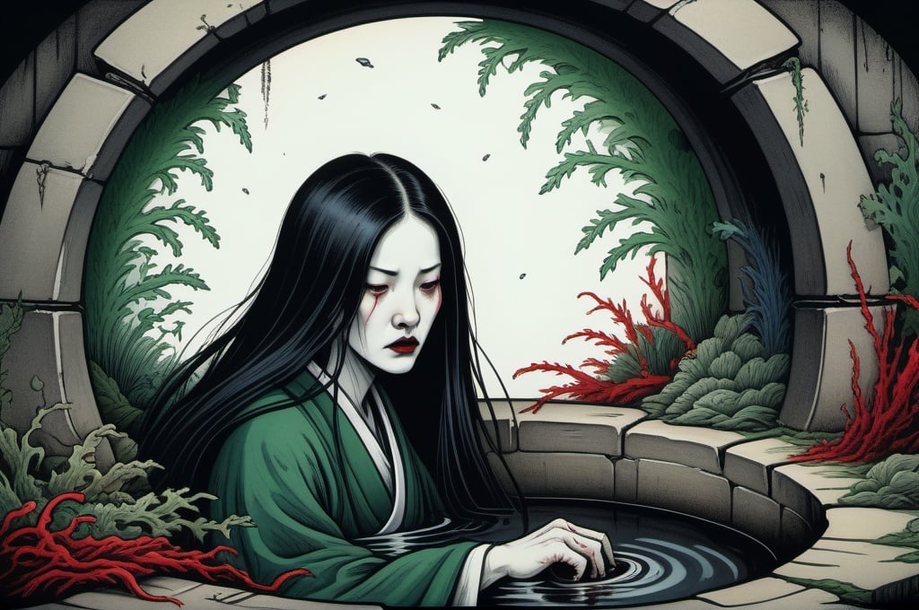 Prompt: Hocusai illustarition of woman with black long hair, white face, crowling out of a well, red, blue, green,  seaweed, algae, dark, grim, horror, hyperdetailed, ink 8k, hd, painting, trending on artstation