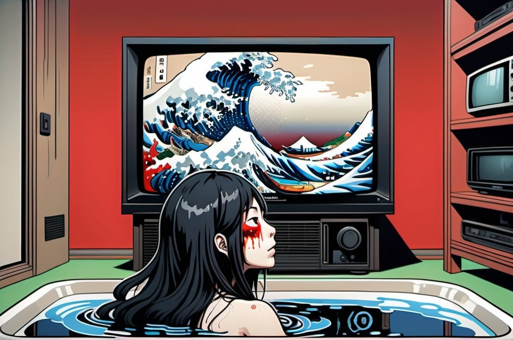 Prompt: Hohokusai, illustarition of woman with black long hair covering her face crowling out of a TV, red, blue, green, foam, white background, modern appartment submerged in water, top dow view, dark, grim, horror, hyperdetailed, ink 8k, hd, painting, trending on artstation