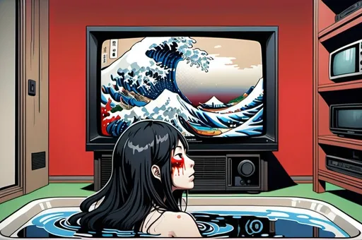 Prompt: Hohokusai, illustarition of woman with black long hair covering her face crowling out of a TV, red, blue, green, foam, white background, modern appartment submerged in water, top dow view, dark, grim, horror, hyperdetailed, ink 8k, hd, painting, trending on artstation