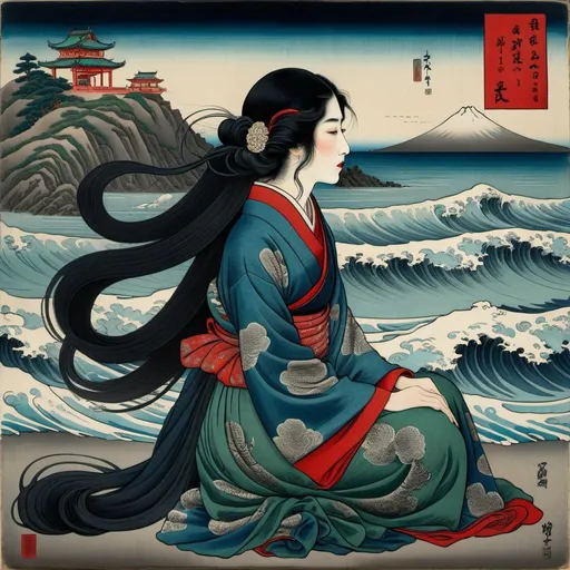Prompt: Hokusai, Vereshchagin, full body right profile portrait of a woman with long black hair, dressed royal, grim, facing sea at a sea side, sitting, red, blue, green background, dark, grim, swerve, swirl, horror, hyperdetailed, ink 8k, hd, painting, trending on artstation 
