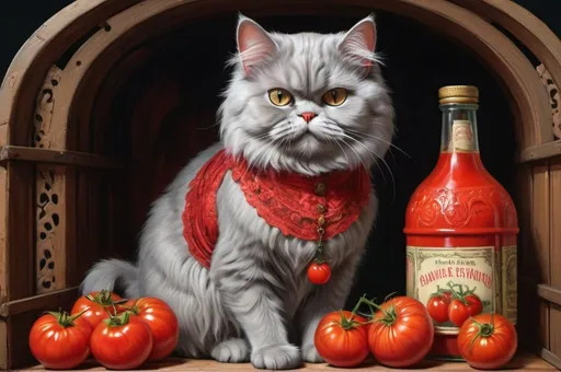 Prompt: grey persian female cat dressed in red, crate tomatoes, bottles of tomato juice, 1900, traveling England, vibrant, grim, boudoir, romantic, hystorical, intricate details, hyperdetailed, 4k, painting, trending on artstation