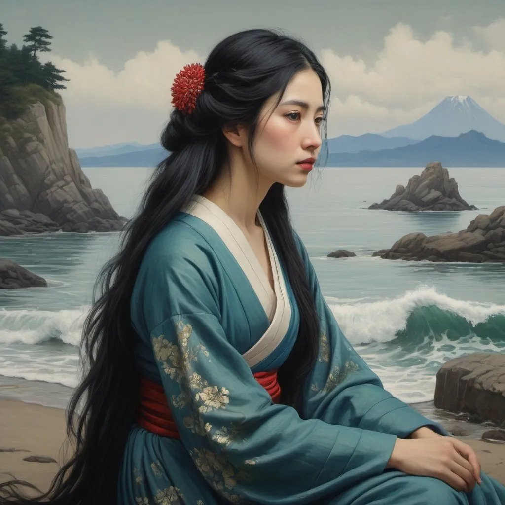 Prompt: Hokusai, Shishkin, Vereshchagin, better hands, better fingers, better palms, better face, oil, full body portrait of a woman with long straight black hair, dressed royal, grim,solemn,  sitting, red, blue, green, sea side, dark, grim, horror, hyperdetailed, ink 8k, hd, painting, trending on artstation 