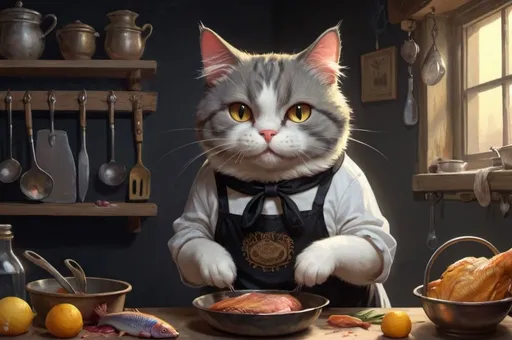 Prompt: 1 cat  in an apron cooking,store, kitchen, fish, 1880,  fat or slim, grim, goth, vibrant, glow,  romantic, hystorical, intricate details, hyperdetailed, 4k, painting, trending on artstation