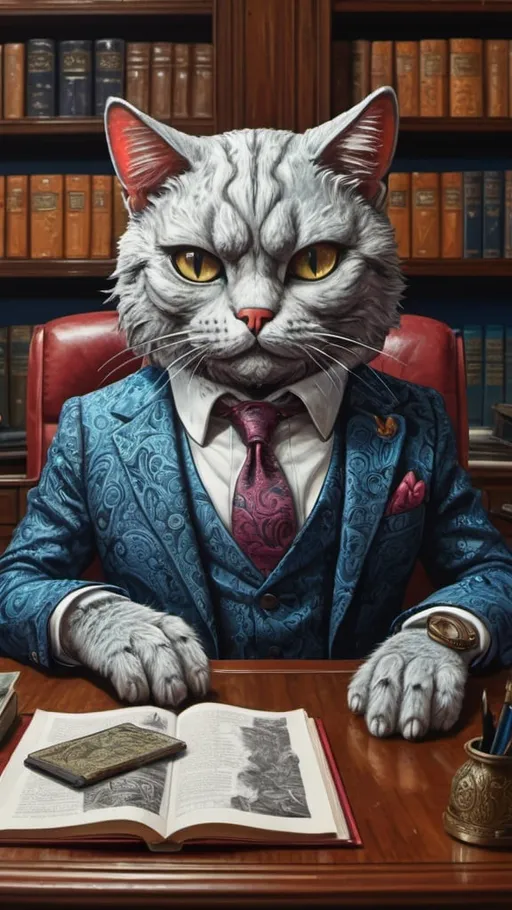 Prompt: cat in suit in his office, vibrant, grim, hystorical, intricate details, books, ink, paper, hyperdetailed, 4k, painting, trending on artstation, cinematic