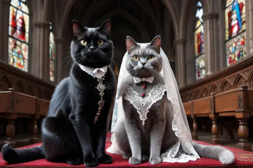 Prompt: wedding of grey female persiancat and male black cat dressed gothic, 1900, traveling England, church, vibrant, grim, boudoir, romantic, hystorical, intricate details, hyperdetailed, 4k, painting, trending on artstation