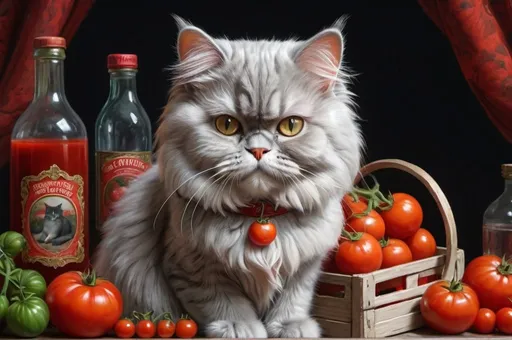 Prompt: grey persian female cat dressed in red, crate tomatoes, bottles of tomato juice, 1900, traveling England, vibrant, grim, boudoir, romantic, hystorical, intricate details, hyperdetailed, 4k, painting, trending on artstation