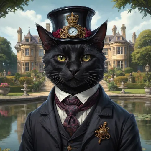 Prompt: 1 black cat dressed gentry doctor, head piece,1800, traveling England, lake, mansion, vibrant, grim, romantic, hystorical, intricate details, hyperdetailed, 4k, painting, trending on artstation