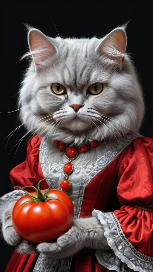 Prompt: grey persian female cat dressed in red, holding tomato, 1900, traveling England, vibrant, grim, romantic, hystorical, intricate details, hyperdetailed, 4k, painting, trending on artstation