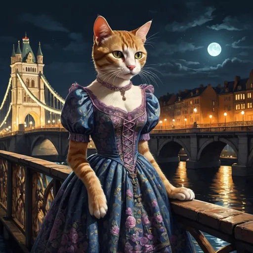 Prompt: cat in a dress,bridge 1900, traveling, city, vibrant, grim, romantic, night, glow, hystorical, intricate details, hyperdetailed, 4k, painting, trending on artstation
