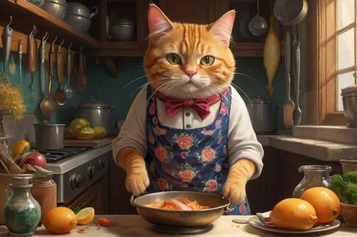 Prompt: 1 cat  in an apron cooking,store, kitchen, fish, 1880,  fat orslim, Europe, Asia, mansion, vibrant, glow,  romantic, hystorical, intricate details, hyperdetailed, 4k, painting, trending on artstation
