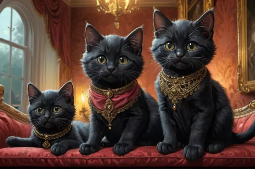 Prompt: black kittens and a cat dressed gentry, 1800,  Francr, fat and slim, lake, mansion, swing, vibrant, grim, glow,  romantic, hystorical, intricate details, hyperdetailed, 4k, painting, trending on artstation