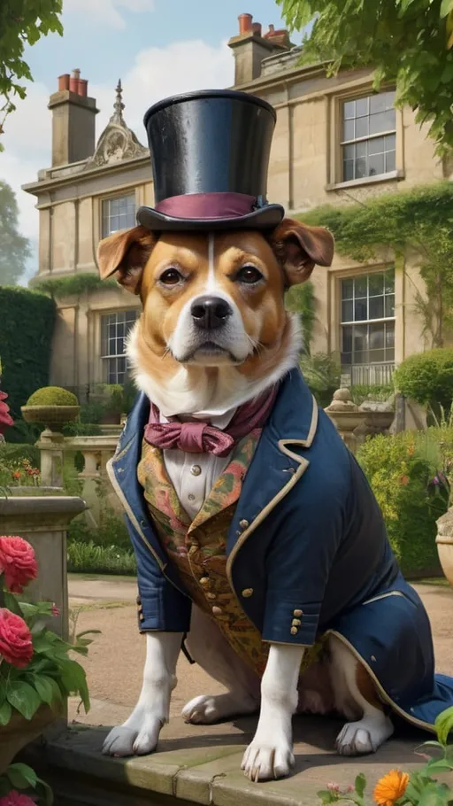 Prompt: dog dressed gentry, 1800, traveling England, garden, mansion, vibrant, grim, romantic, hystorical, intricate details, hyperdetailed, 4k, painting, trending on artstation