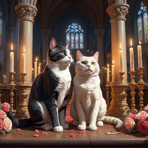 Prompt: cat wedding, France, fat and slim, , church, mansion, vibrant, grim, glow, romantic, candles, hystorical, intricate details, hyperdetailed, 4k, painting, trending on artstation
