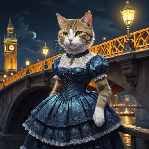 Prompt: cat in a dress,bridge 1900, traveling, city, vibrant, grim, romantic, night, glow, hystorical, intricate details, hyperdetailed, 4k, painting, trending on artstation