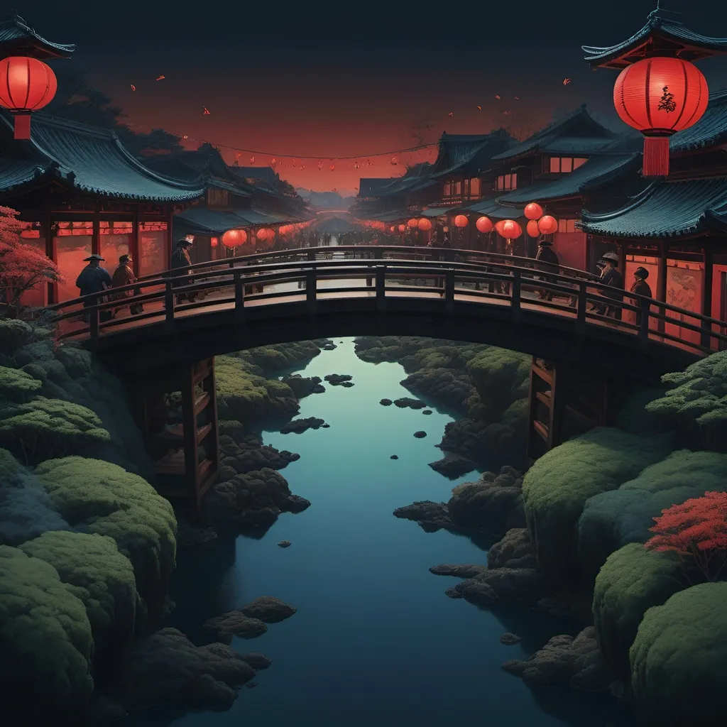 Prompt: Hokusai, marketplace, bridge, lanterns, guards, silhouettes, red, blue, green, seaweed, algae, top dow view, dark, panorama, grim, horror, hyperdetailed, ink 8k, hd, painting, trending on artstation 