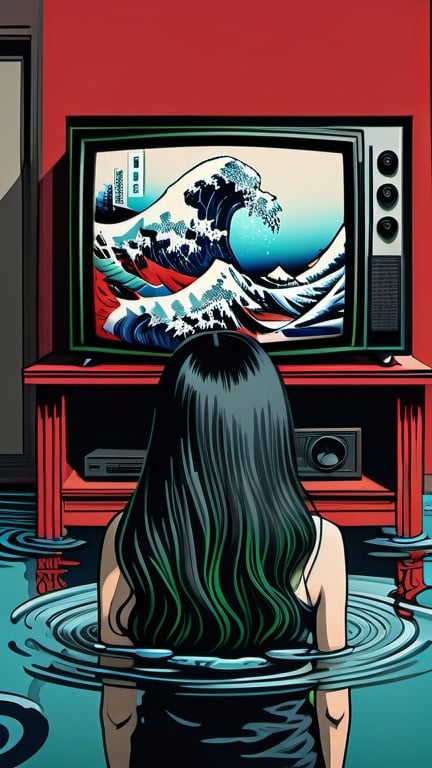 Prompt: Hohokusai, illustarition of woman with black long hair covering her face crowling out of a TV, red, blue, green, foam, modern appartment submerged in water, top dow view, dark, grim, horror, hyperdetailed, ink 8k, hd, painting, trending on artstation