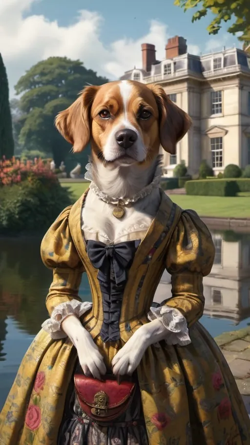 Prompt: dog in a dress gentry, 1800, traveling England, lake, mansion, vibrant, grim, romantic, hystorical, intricate details, hyperdetailed, 4k, painting, trending on artstation