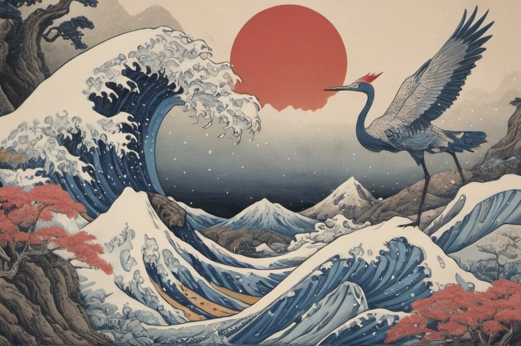 Prompt: Hohokusai, illustarition, blue cranes, wwaves, foam, fish, red mountains, hyperdetailed, ink 8k, painting, trending on artstation