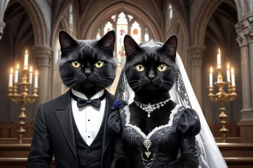 Prompt: wedding of grey female persiancat and male black cat dressed gothic, 1900, traveling England, church, vibrant, grim, boudoir, romantic, hystorical, intricate details, hyperdetailed, 4k, painting, trending on artstation