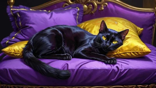 Prompt: black cat with yellow eyes casually  lying on a purple pillow, royal, boudoir, vibrant, grim, hystorical, intricate details, hyperdetailed, 4k, painting, trending on artstation, cinematic