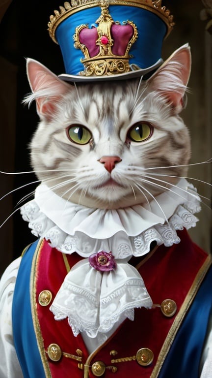 Prompt: cat dressed, 1700, traveling England, vibrant, grim, romantic, hystorical, intricate details, hyperdetailed, 4k, painting, trending on artstation