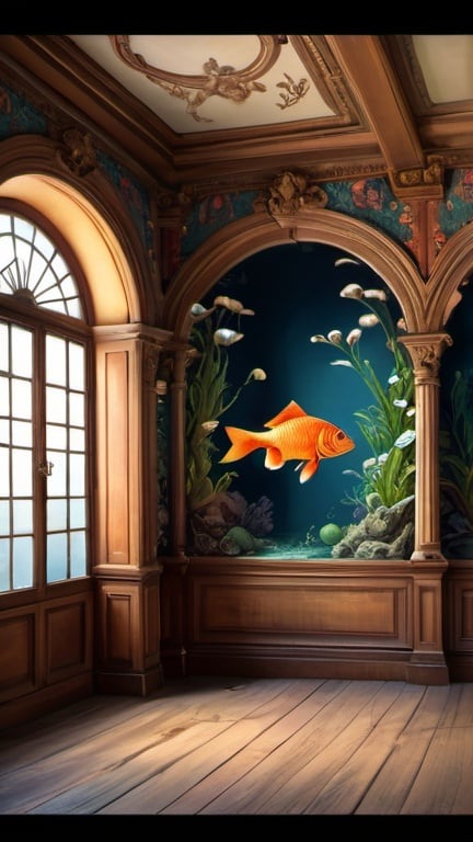 Prompt: fish wallpaper, empty interior, 1880,  vibrant,  romantic, hystorical, intricate details, hyperdetailed, 4k, painting, trending on artstation