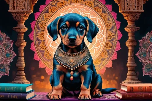 Prompt: puppies and dogs dresssed traveling India, meditating, vibrant, hystorical, grim intricate details, glow, mandala, books, ink, paper, hyperdetailed, 4k, painting, trending on artstation