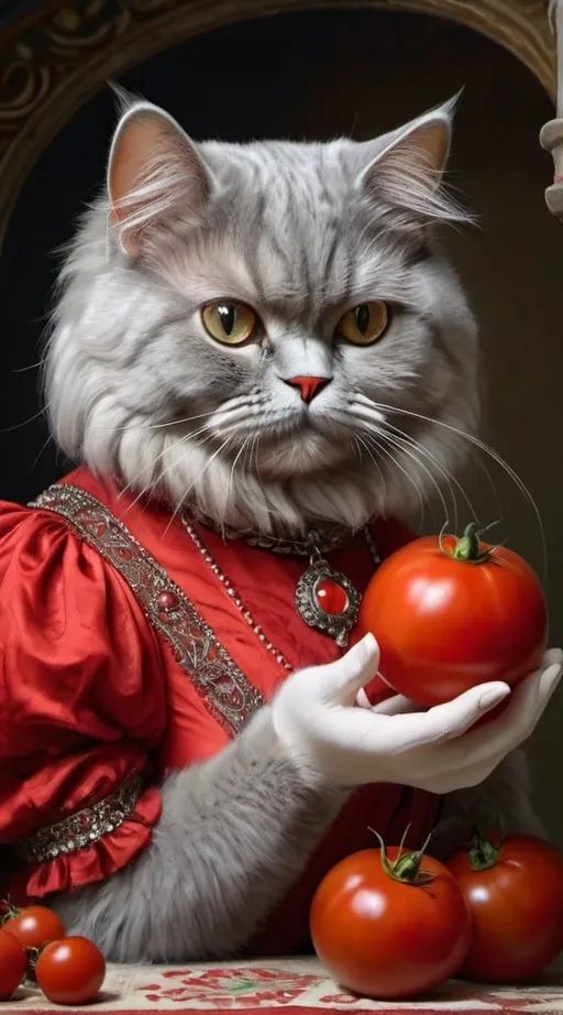 Prompt: grey persian female cat dressed in red, holding tomato, 1900, traveling England, vibrant, grim, boudoir, romantic, hystorical, intricate details, hyperdetailed, 4k, painting, trending on artstation