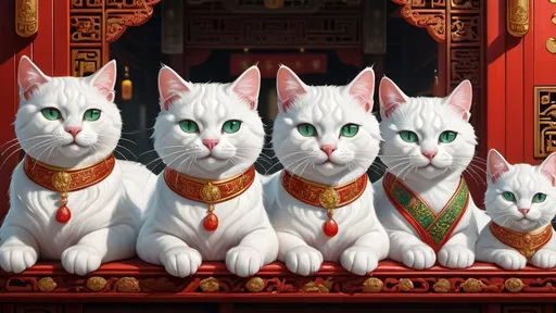 Prompt: white cats royal family  dresssed,royal, jade, traveling China, vibrant, hystorical, intricate details, forbiden city, hyperdetailed, 4k, painting, trending on artstation