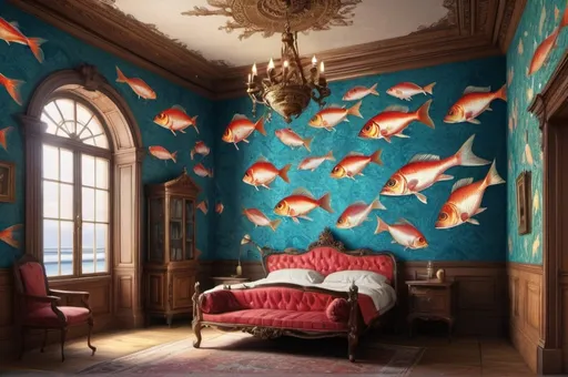 Prompt: fish wallpaper, empty interior, 1880,  vibrant,  romantic, hystorical, intricate details, hyperdetailed, 4k, painting, trending on artstation