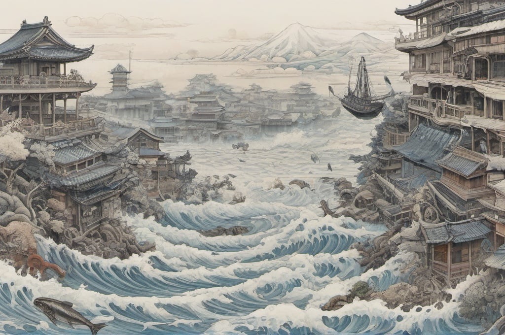 Prompt: Hohokusai, illustarition, slanted horizon line line, foam, white background, city below water, fishes, octopuses, grim hyperdetailed, ink 8k, hd, painting, trending on artstation