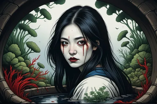 Prompt: Hocusai illustarition of woman with black long hair, white face, crowling out of a well, red, blue, green,  seaweed, algae, dark, grim, horror, hyperdetailed, ink 8k, hd, painting, trending on artstation