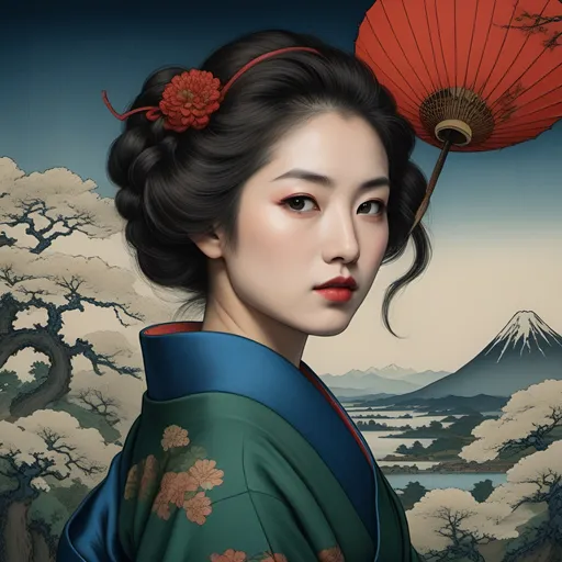 Prompt: Hokusai, portrait of a lady,  red, blue, green, top dow view, dark, panorama, grim, horror, hyperdetailed, ink 8k, hd, painting, trending on artstation 