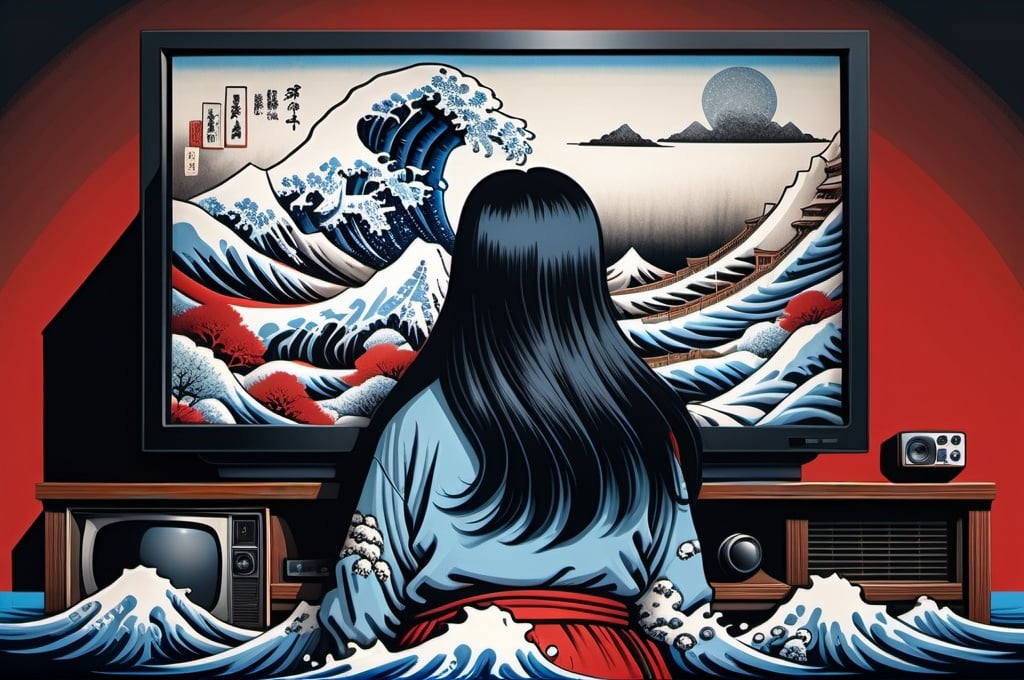 Prompt: Hohokusai, illustarition of woman with black long hair covering her face crowling out of a TV, red, pastel, blue, white,  foam, modern appartment submerged in water, top dow view, dark, grim, horror, hyperdetailed, ink 8k, hd, painting, trending on artstation