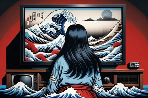 Prompt: Hohokusai, illustarition of woman with black long hair covering her face crowling out of a TV, red, pastel, blue, white,  foam, modern appartment submerged in water, top dow view, dark, grim, horror, hyperdetailed, ink 8k, hd, painting, trending on artstation