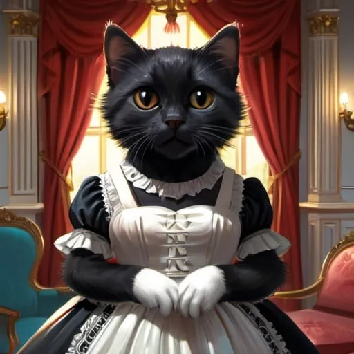 Prompt: black kittens and a white cat in a dress dressed gentry, 1800,  Francr, fat and slim, lake, mansion, swing, vibrant, grim, glow,  romantic, hystorical, intricate details, hyperdetailed, 4k, painting, trending on artstation