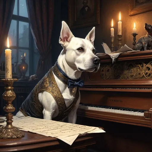 Prompt: dog dressed gentry standing by the piano, vibrant, grim, hystorical, intricate details, note sheets, ink, paper, chimney, candles, glow, hyperdetailed, 4k, painting, trending on artstation