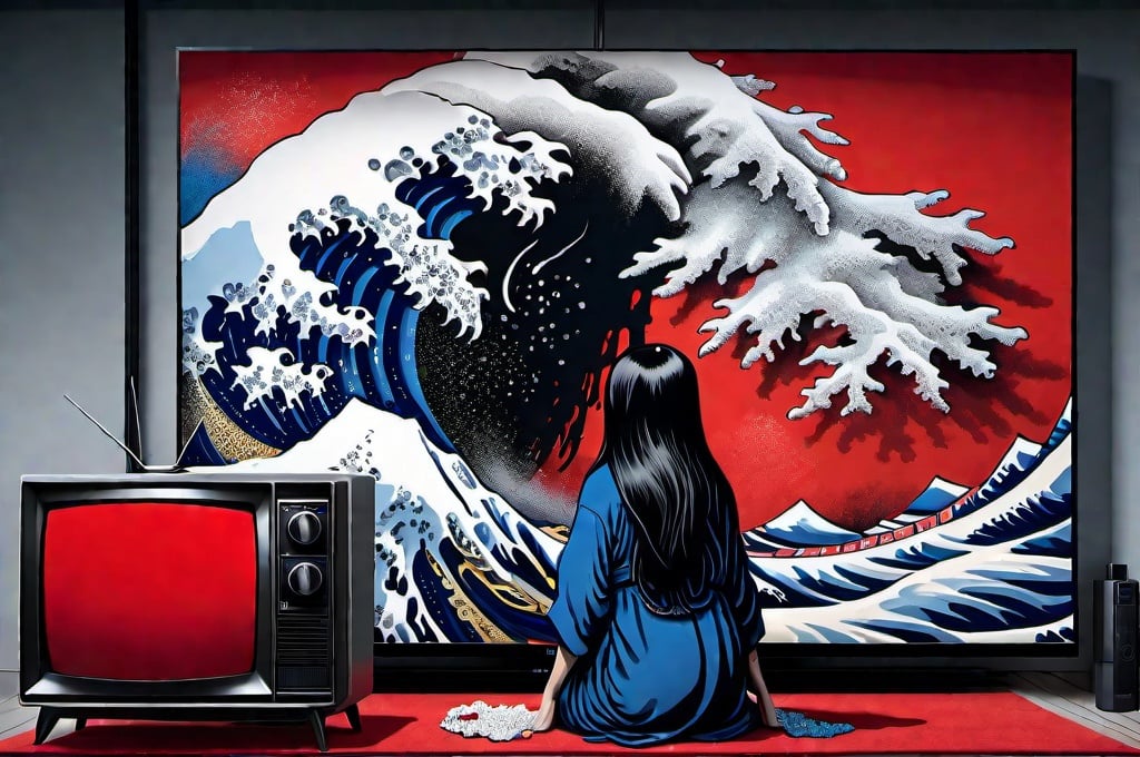 Prompt: Hohokusai, illustarition of woman with black long hair covering her face crowling out of a TV, red, blue, white,  foam, modern appartment submerged in water, top dow view, dark, grim, horror, hyperdetailed, ink 8k, hd, painting, trending on artstation