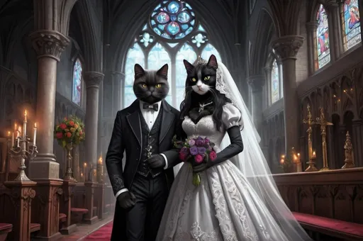 Prompt: wedding of grey female persiancat and male black cat dressed gothic, 1900, traveling England, church, vibrant, grim, boudoir, romantic, hystorical, intricate details, hyperdetailed, 4k, painting, trending on artstation