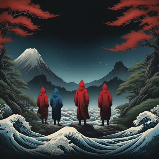 Prompt: Hokusai, altar,  silhouettes of people in hoods, classical, 2 points perspective,  red, blue, green, seaweed, algae, top dow view, dark, panorama, grim, horror, hyperdetailed, ink 8k, hd, painting, trending on artstation 