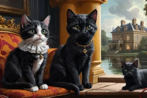 Prompt: black kittens and a cat dressed gentry, 1800, traveling England, lake, mansion, vibrant, grim, romantic, hystorical, intricate details, hyperdetailed, 4k, painting, trending on artstation