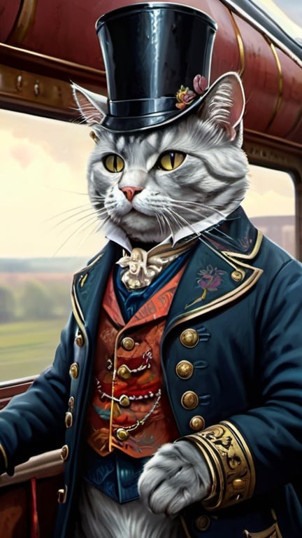 Prompt: cat dressed, train, 1900, traveling England, vibrant, grim, romantic, hystorical, intricate details, hyperdetailed, 4k, painting, trending on artstation