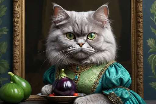 Prompt: grey persian female cat dressed in blue and green holding aubergine, 1900, traveling England, vibrant, grim, romantic, hystorical, intricate details, hyperdetailed, 4k, painting, trending on artstation