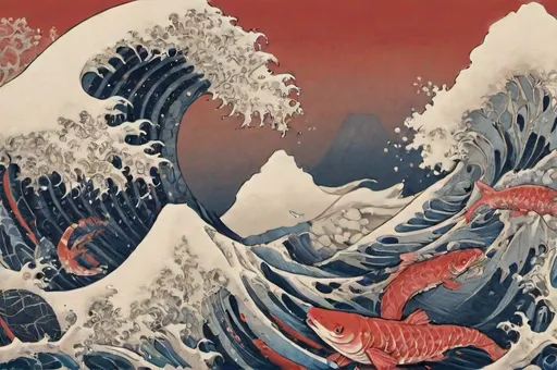 Prompt: Hohokusai, illustarition, Sadako, sea monster, waves, foam, fish, red mountains, hyperdetailed, ink 8k, painting, trending on artstation