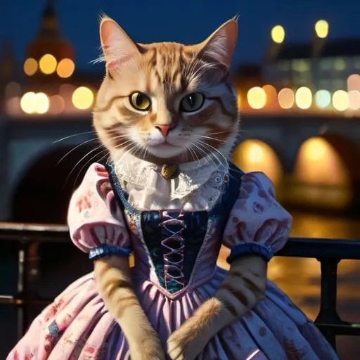 Prompt: cat in a dress, london bridge 1900, traveling England, city, vibrant, grim, romantic, night, glow, hystorical, intricate details, hyperdetailed, 4k, painting, trending on artstation