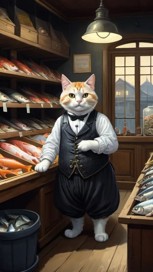 Prompt: cat dressed working in a fish store, gentry, goth, 1880,  fat and slim, Europe, Asia, mansion, vibrant, grim, glow,  romantic, hystorical, intricate details, hyperdetailed, 4k, painting, trending on artstation